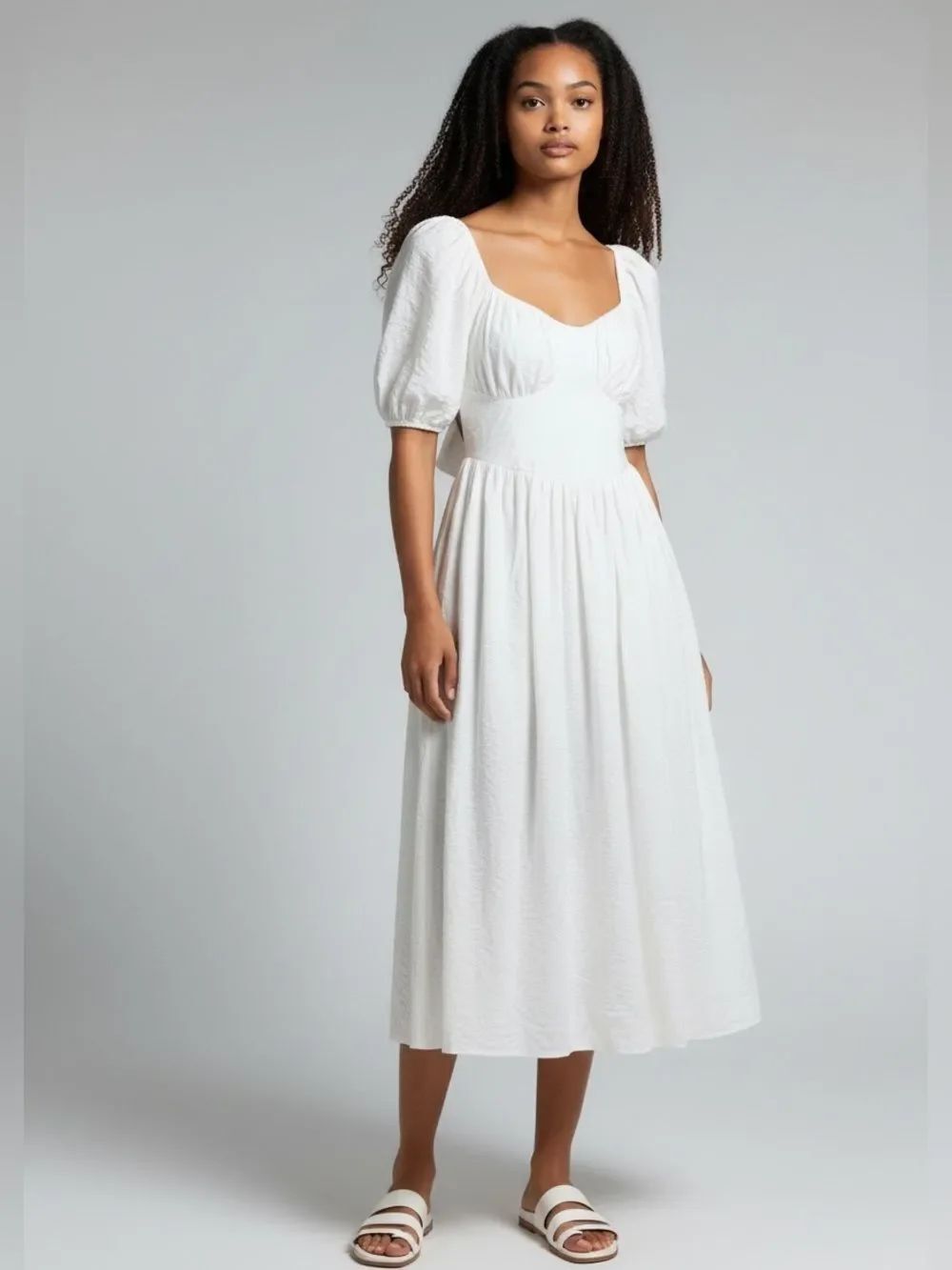 American Eagle Puff Sleeve CorsetโTie Back Babydoll Midi Dress. Size Small
